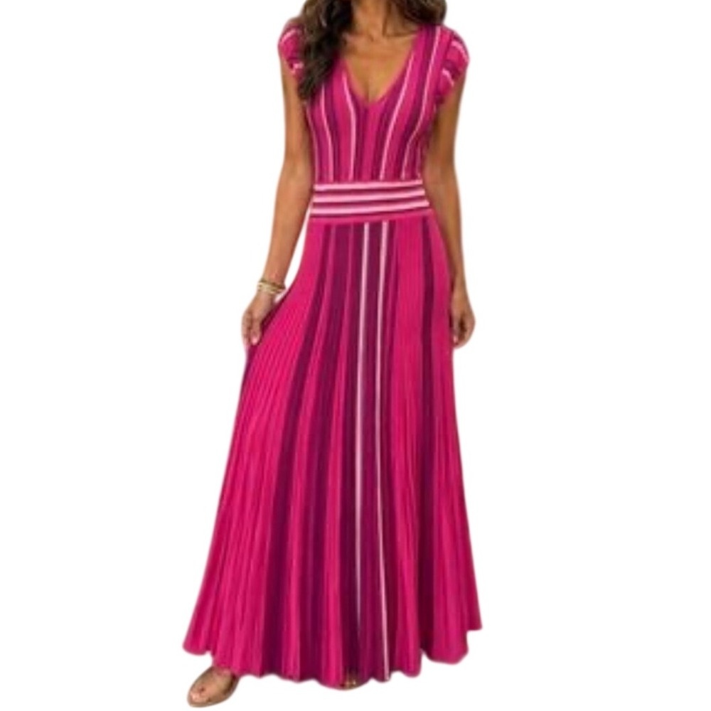 Meet Me In Santorini Vivid Stripe Pink Knit Pleated Maxi Dress, Medium, Vacation